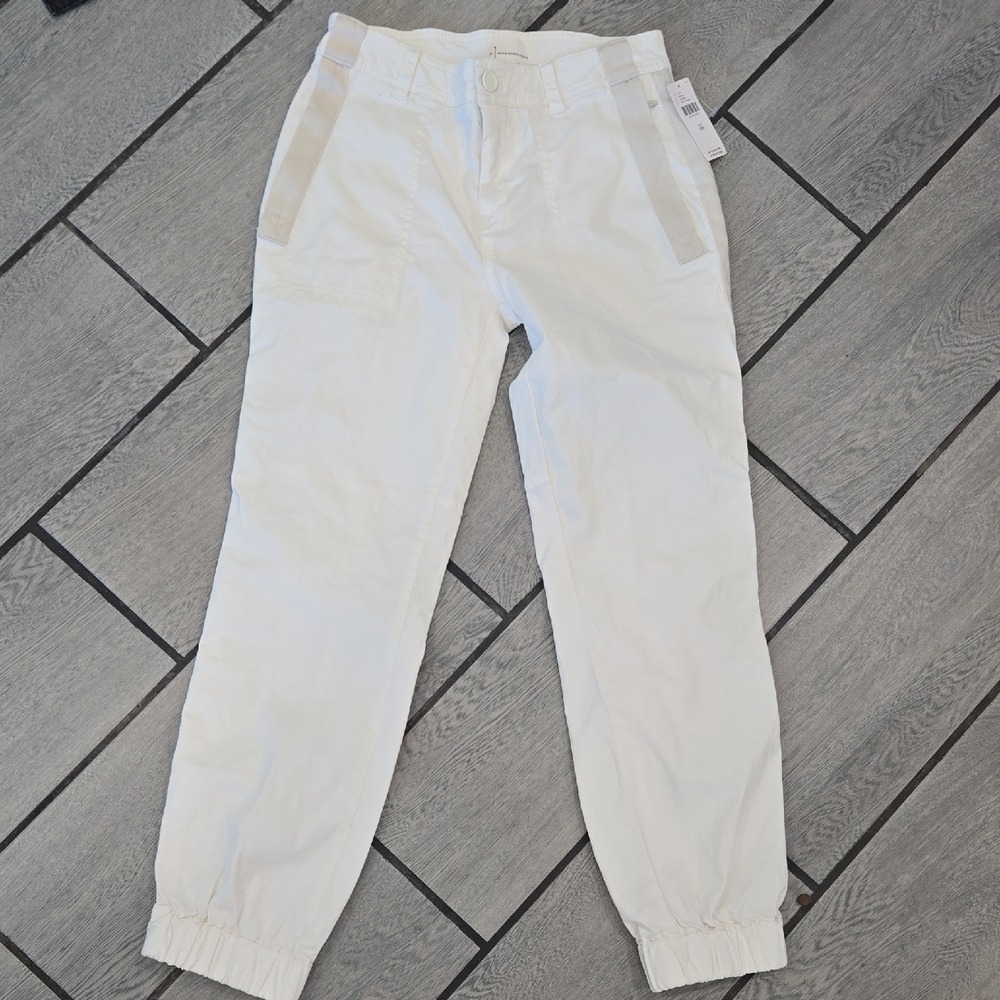 1 by Anthropologie White Utility Jogger Pants Tan Side Stripe Size 00 NWT